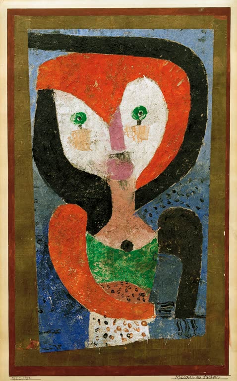 Mädchen mit rotem Haar und grünem Kleid vor blauem Grund im Goldrahmen – Paul Klee Mädchen aus Sachsen Kunstkopie