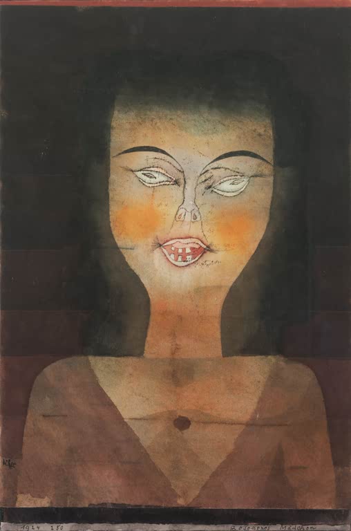Bleiches Mädchengesicht mit schiefen Augen und rotem Mund vor dunklem Haar – Paul Klee Mädchen besessen Kunstkopie