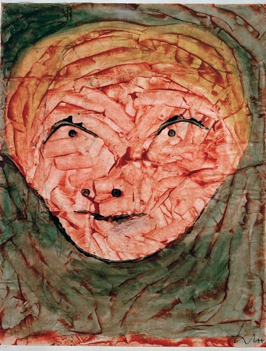 Maskenhaftes Gesicht einer Alten mit rötlicher Haut und grünem Tuch – Paul Klee Maske (geschminkte Alte) Kunstkopie