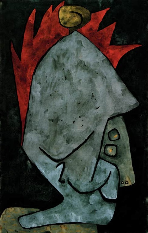 Paul Klee Mephisto als Pallas Kunstkopie, grau-blauer behelmter Kopf mit rotem Kamm vor schwarzem Grund