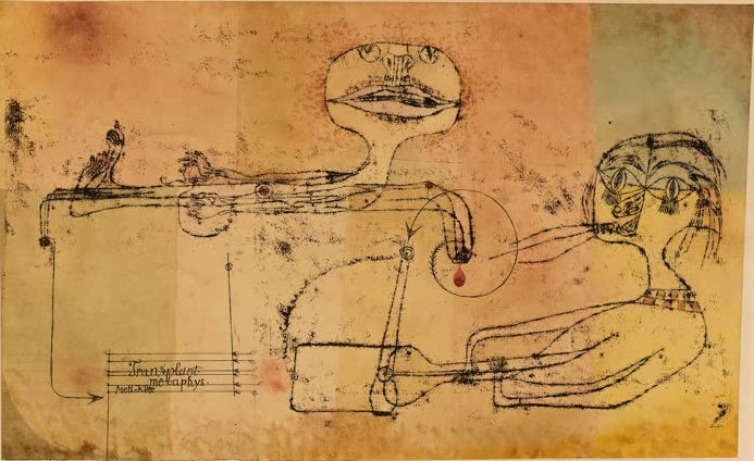 Zwei Fabelwesen mit Röhren und Notenlinien auf gelb-orangem Grund – Paul Klee Metaphysische Transplantation Kunstkopie