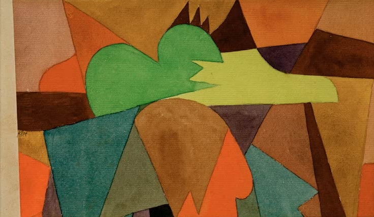 Paul Klee Mit den braunen Spitzen Kunstkopie, grünes Herzgebilde zwischen orangen und braunen Farbflächen