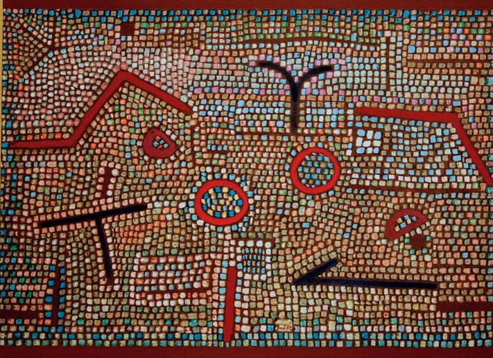 Dichtes Mosaik aus bunten Tupfen mit roten Kreisen und dunklen Zeichen – Paul Klee Mosaik aus Prhun Kunstkopie