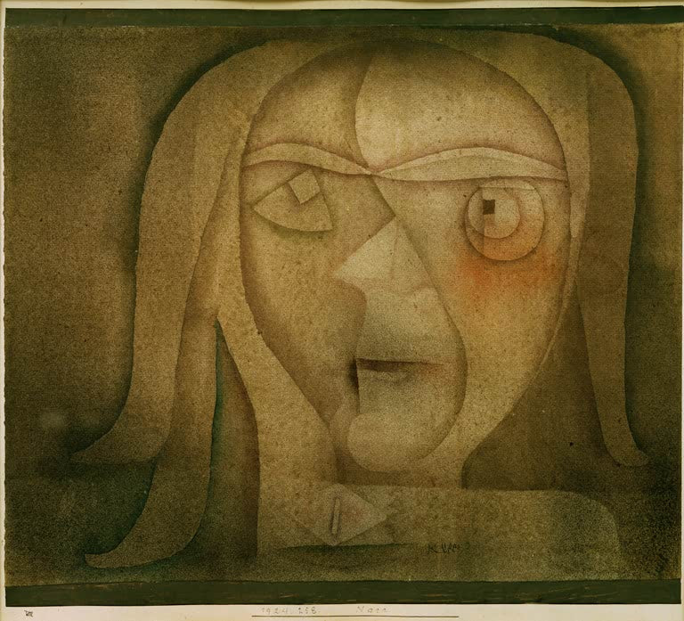 Blasser Narrenkopf mit herabhängenden Haaren, großem Auge und offenem Mund – Paul Klee Narr Kunstkopie