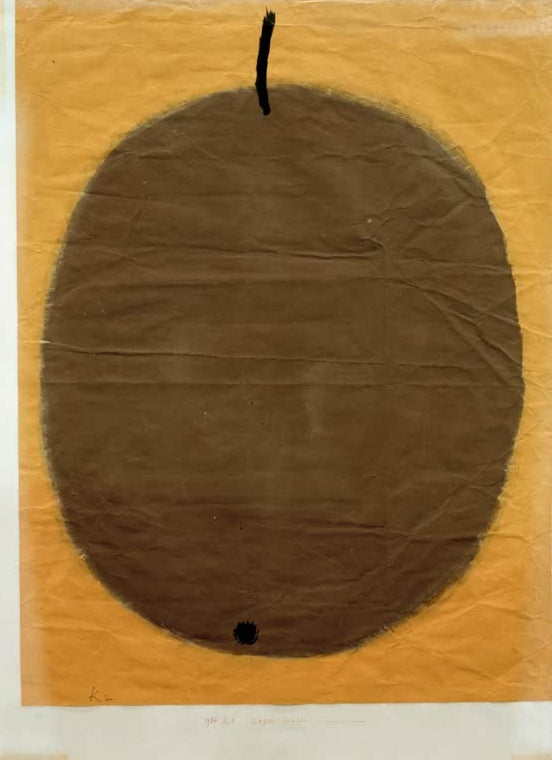 Große braune Ovalform mit schwarzem Stiel auf orangegelbem Grund – Paul Klee Negerfrucht Kunstkopie