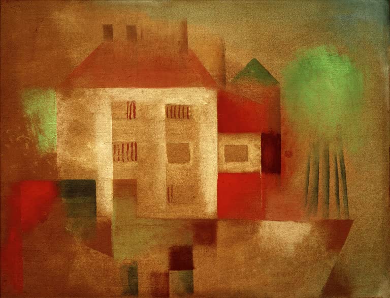 Helles Haus mit rotem Dach und grünem Baum auf braunrotem Grund – Paul Klee Neues Haus Kunstkopie