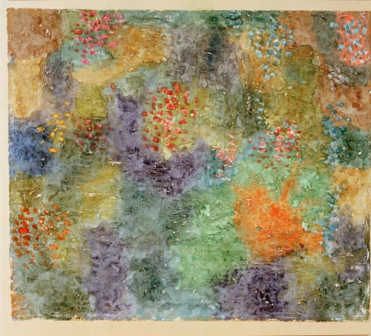 Farbfeld in Grün, Violett und Orange mit blühenden Tupfen – Paul Klee Nördlicher Garten in Blüte Kunstkopie