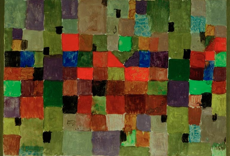 Gitter aus grünen, roten, blauen und violetten Farbquadraten – Paul Klee Nördlicher Ort Kunstkopie