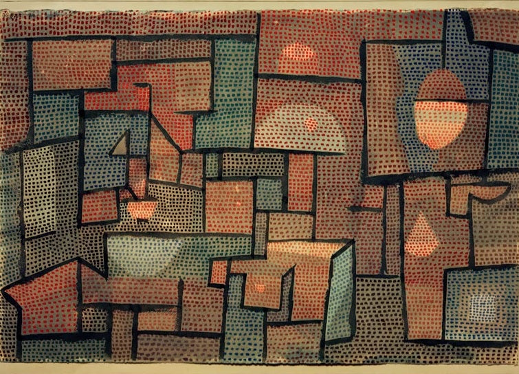 Verschachtelte Zimmerflächen mit Punktmustern in Rot, Blau und Grau – Paul Klee Nordzimmer Kunstkopie