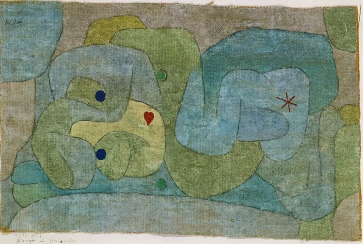 Liegende Nymphe in Grün- und Blautönen mit rotem Herz und Stern auf Jute – Paul Klee Nymphe im Gemüsegarten Kunstkopie