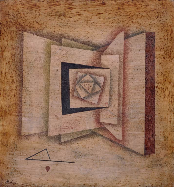 Aufgeschlagenes Buch mit Rautenmuster im Inneren auf ockerfarbenem Grund – Paul Klee Offenes Buch Kunstkopie