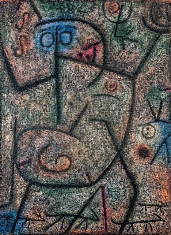 Gedrungene Gestalt mit blauen Augen und schwarzen Konturen auf grünlich-rosa Grund – Paul Klee Oh! Diese Gerüchte! Kunstkopie