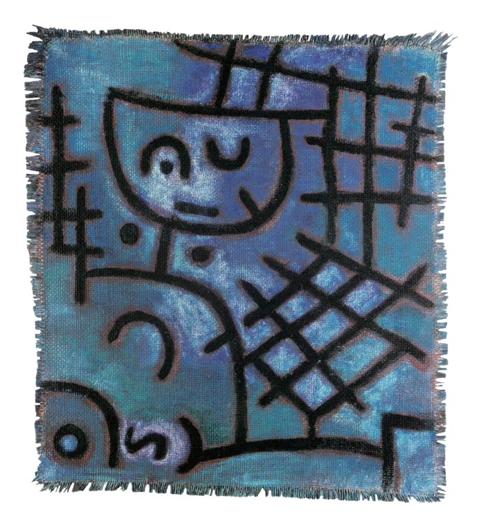 Blauer Gefangener mit Augenschlitz hinter schwarzem Gitter auf Sackleinen – Paul Klee Ohne Titel [Gefangener Kunstkopie