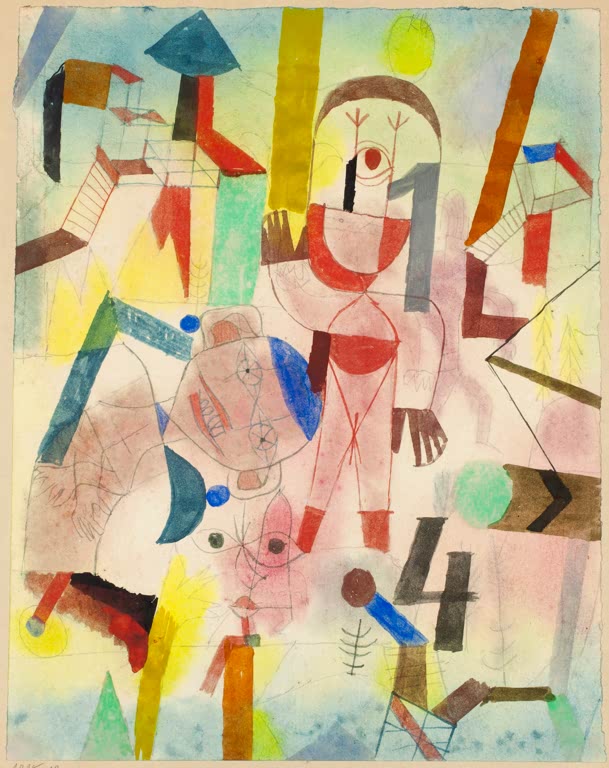 Bunte Aquarellflächen mit Figuren, Zahlen und Treppen in zarten Farben – Paul Klee Ohne Titel Kunstkopie