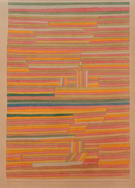 Waagerechte Streifen in Rosa, Gelb, Grün und Blau mit kleinen Bauten – Paul Klee Ort am Kanal Kunstkopie