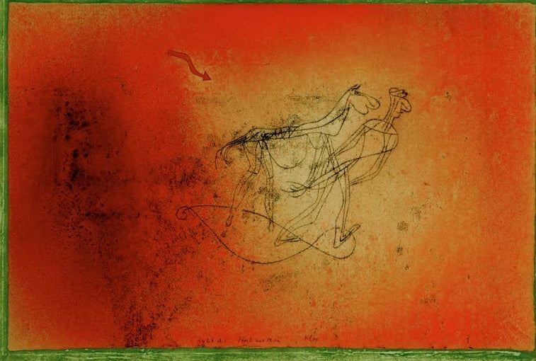 Zartes Linienbündel aus Pferd und Mann auf rotorangem Farbgrund – Paul Klee Pferd und Mann Kunstkopie