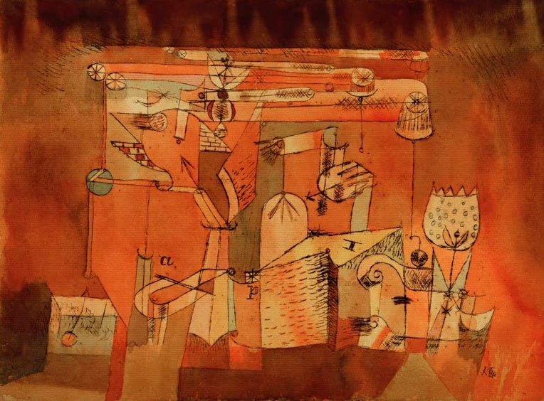 Paul Klee Plan einer Maschinenanlage Kunstkopie, fantasievolle Apparatur mit Rädern und Röhren auf orangerotem Grund
