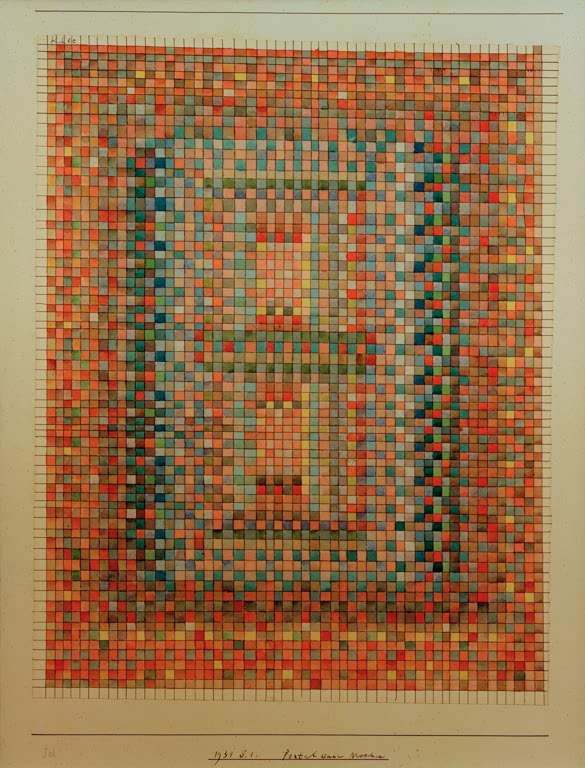 Mosaikartiges Raster aus roten, grünen und blauen Quadraten – Paul Klee Portal einer Moschee Kunstkopie