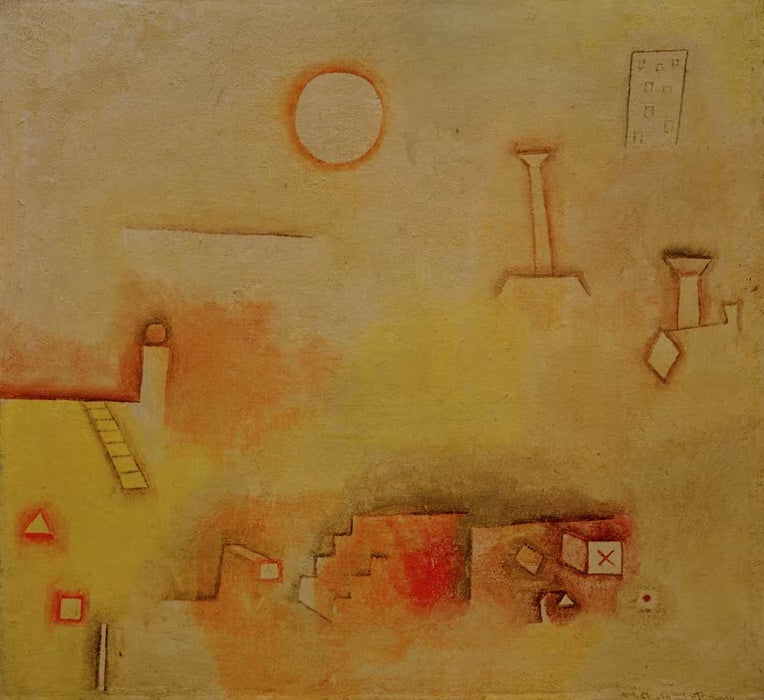 Ockergelbe Fläche mit roter Sonne, Treppen und kleinen Zeichen – Paul Klee Reconstruction Kunstkopie