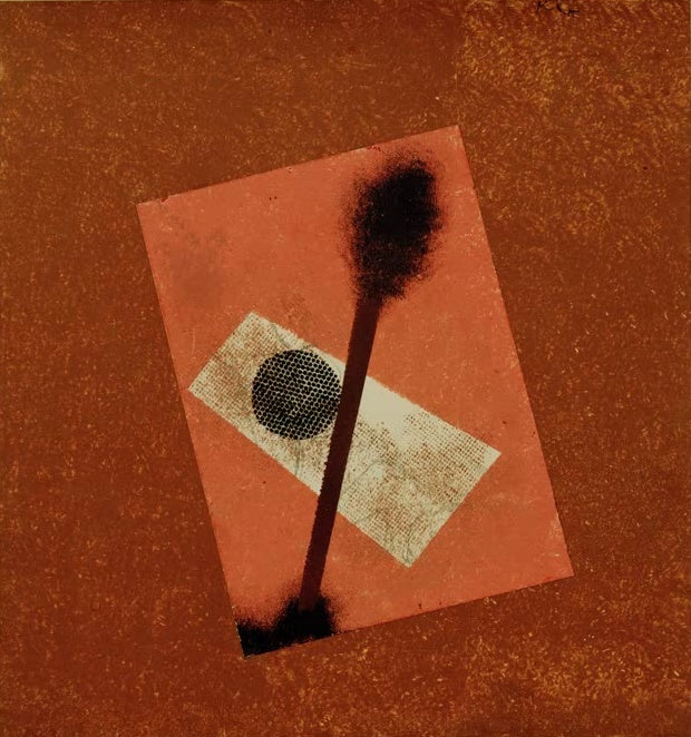Rotbraune Fläche mit gekipptem rosa Rechteck, Rasterkreis und schwarzem Strich – Paul Klee Relativ-wägbares Kunstkopie