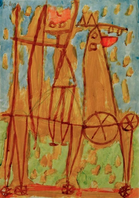 Ockerfarbener Ritter zu Pferd auf Rädern vor blauem und grünem Grund – Paul Klee Ritter Kunstkopie