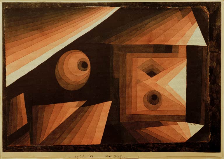 Abgestufte Rot- und Brauntöne in Keilen, Augenkreise und Rechteck vor dunklem Grund – Paul Klee Rot-Stufung Kunstkopie