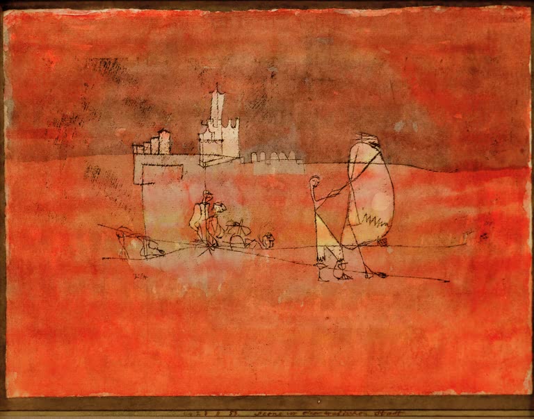 Rotes Feld mit zarter Stadtsilhouette und zwei Gestalten – Paul Klee Scene vor einer arabischen Stadt Kunstkopie