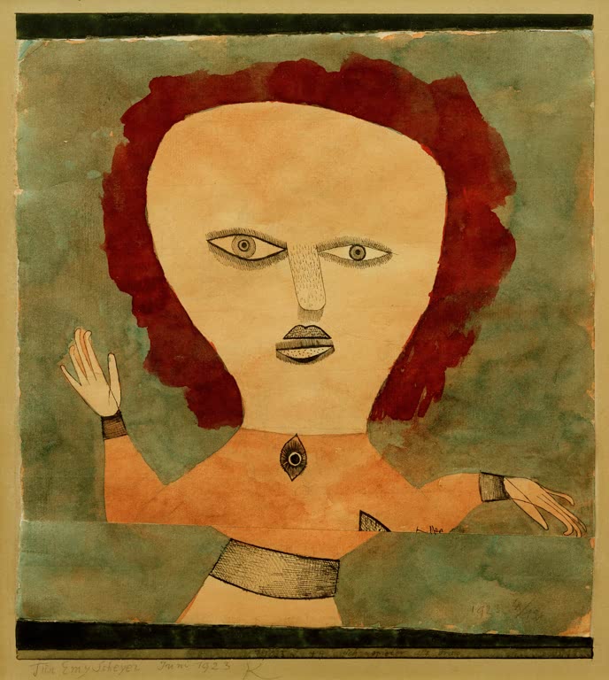 Frauenfigur mit roten Haaren und erhobenen Händen vor grünlichem Grund – Paul Klee Schauspieler als Frau Kunstkopie