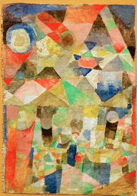 Bunte Dreiecks- und Rautenflächen in Rot, Blau und Grün mit Mondscheibe – Paul Klee Schiffsternenfest Kunstkopie
