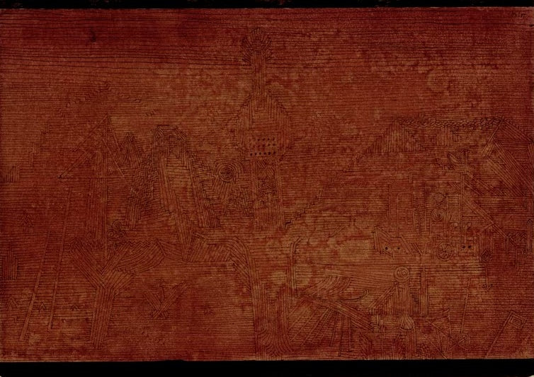 Rotbraune Fläche mit feinen eingezeichneten Linien eines Ortes – Paul Klee Schwere Dämmerung in X Kunstkopie