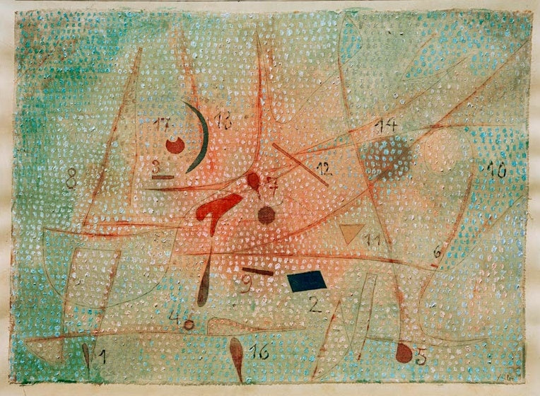 Türkisgrüner Grund mit rotem Nebel, Mondsichel und nummerierten Zeichen – Paul Klee Siebzehn Gewürze Kunstkopie