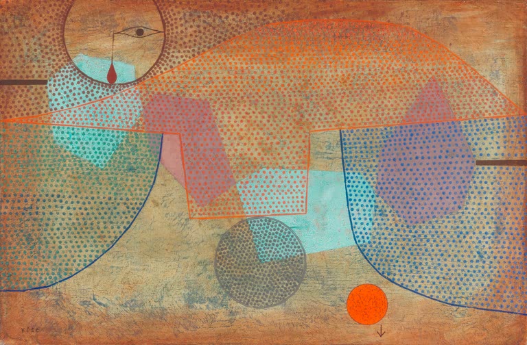 Orangefarbene Punktflächen, Kreise und ein Auge mit Träne auf ockerbraunem Grund – Paul Klee Sonnenuntergang Kunstkopie