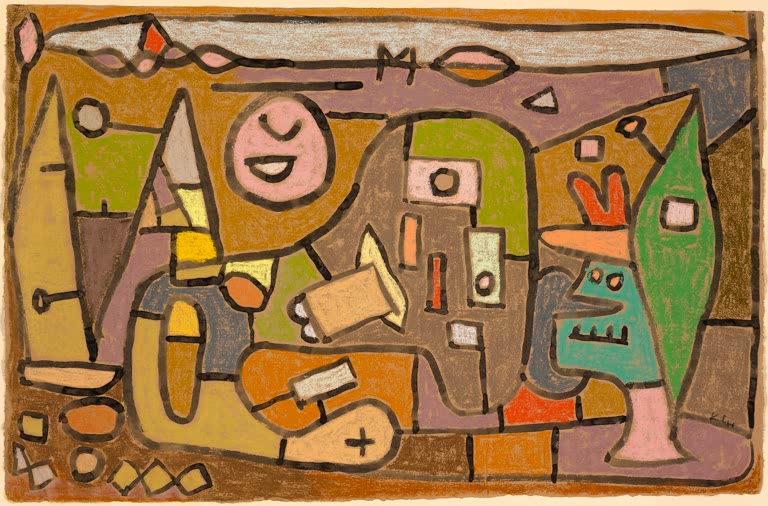 Heitere Figuren und Gegenstände in Ocker, Grün und Rosa mit schwarzen Konturen – Paul Klee Spaß am Binnensee Kunstkopie