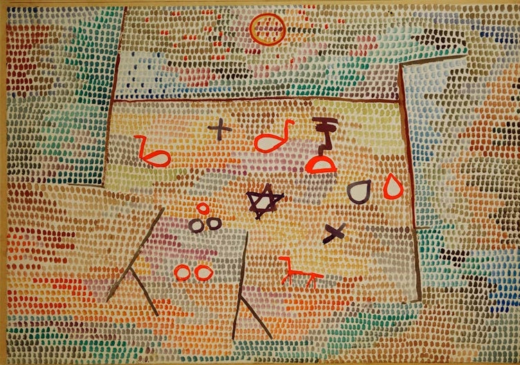 Bunte Punktfläche mit roten Tierzeichen, Sternen und Kreuzen – Paul Klee Spielzeug Kunstkopie