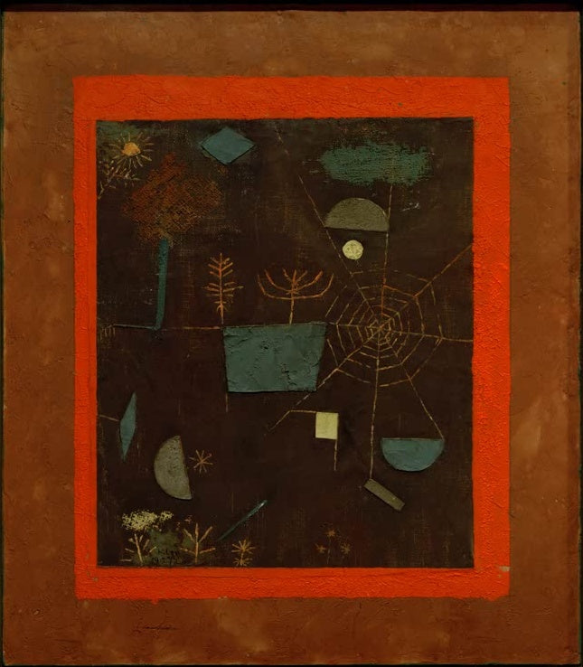 Spinnennetz mit Pflanzenzeichen auf dunklem Grund in rotem Farbrahmen – Paul Klee Spinnennetz Kunstkopie