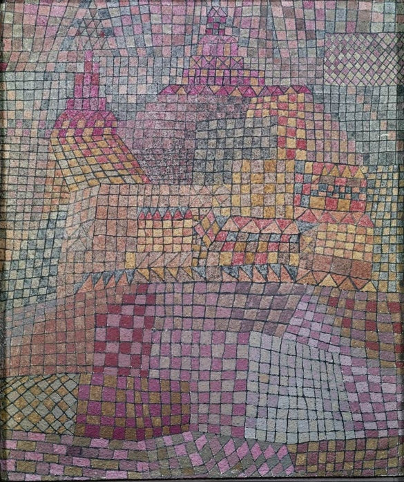 Burgstadt aus kleinen Mosaikfeldern in Rosa, Grau und Ocker mit Türmen – Paul Klee Stadtburg KR. Kunstkopie