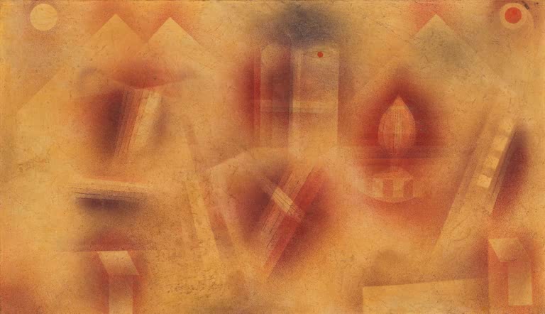Orange verschwommene Architekturformen, Türme und Mond – Paul Klee Stillleben mit Fragmenten Kunstkopie