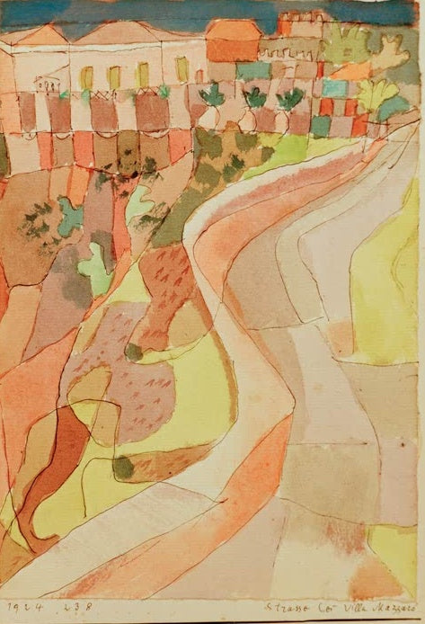 Geschwungene Straße an Terrassenhängen vor Villen in zarten Aquarelltönen – Paul Klee Straße bei Villa Mazzaro Kunstkopie