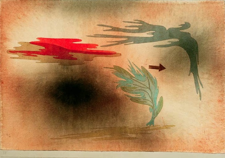 Orangefarbener Himmel mit roter Wolke, dunklem Sturmzentrum und Pfeil – Paul Klee Sturm Kunstkopie