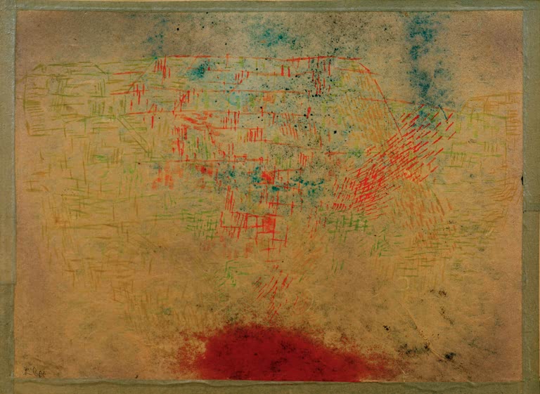 Rotgrün schraffierte Küstenlandschaft mit roter Fläche am unteren Rand – Paul Klee Südliche Küste Kunstkopie