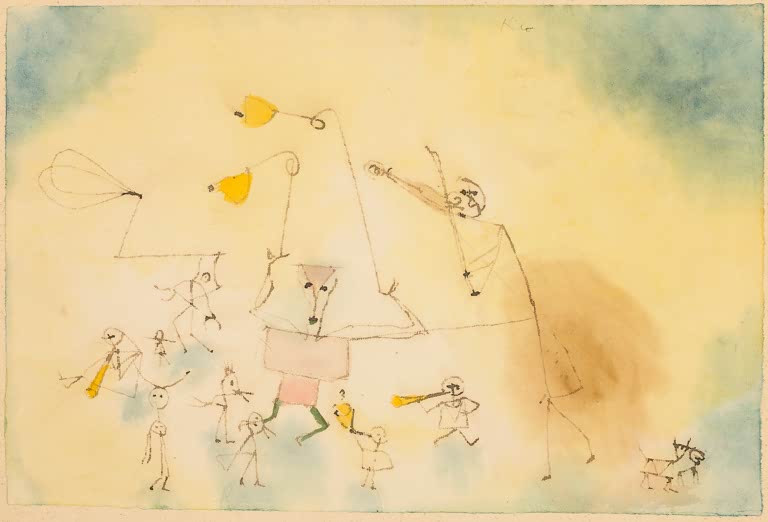 Winzige Tänzer und Musikanten auf gelbem Aquarellgrund mit blauen Rändern – Paul Klee Tanz zum Klang von Glocken Kunstkopie