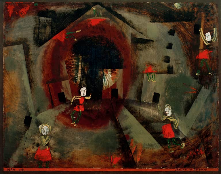 Rote Tänzerfiguren in dunklem, rotbraun glühendem Raum mit schwarzen Fenstern – Paul Klee Tanzspiel der Rotröcke Kunstkopie