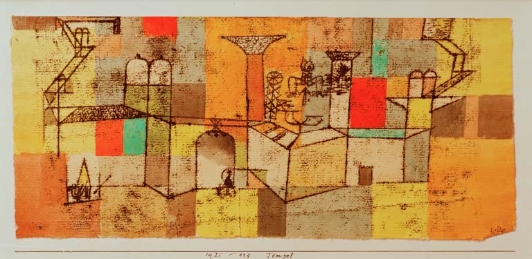 Bunte Tempelanlage mit Bögen, Säulen und farbigen Vierecken in Gelb, Orange und Rot – Paul Klee Tempel Kunstkopie