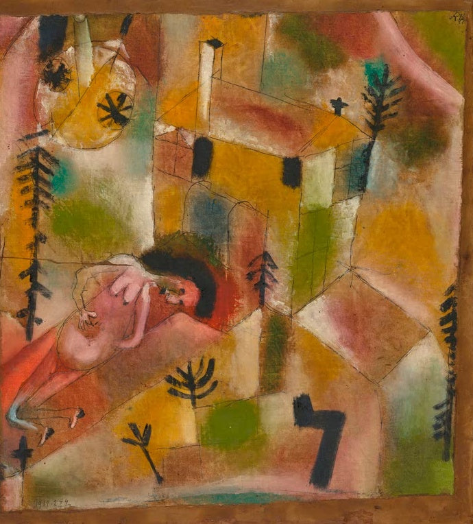 Rosa Figur liegt in einem herbstlich bunten Garten mit Haus und Tannen – Paul Klee Tod im Garten (Legende) Kunstkopie