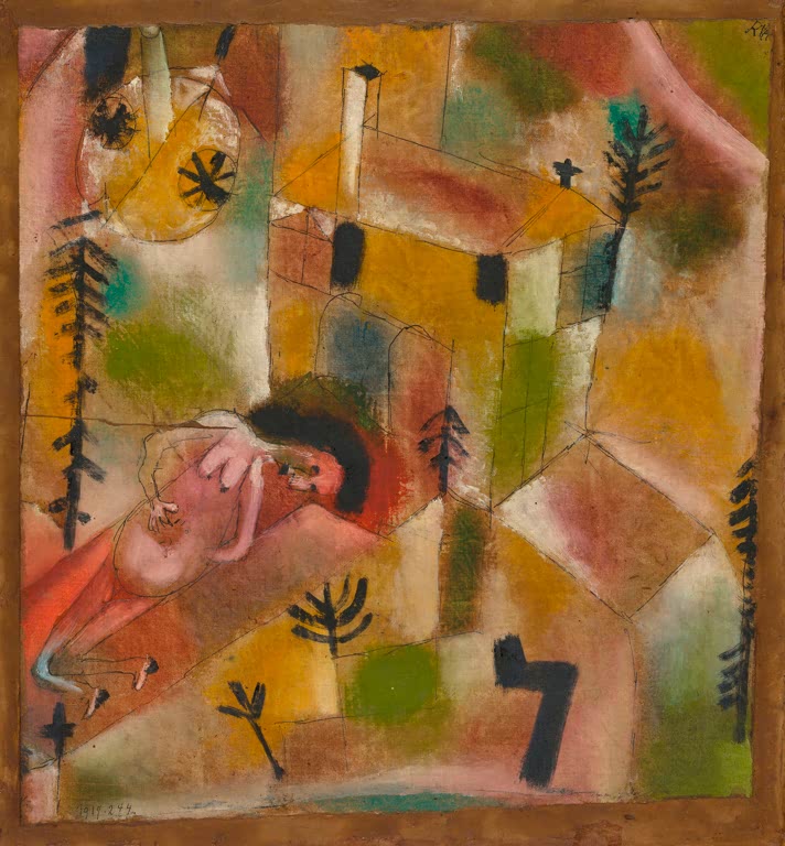 Liegende Gestalt zwischen farbigen Häusern und Tannen in Rot, Gelb und Grün – Paul Klee Tod im Garten (Legende) Kunstkopie