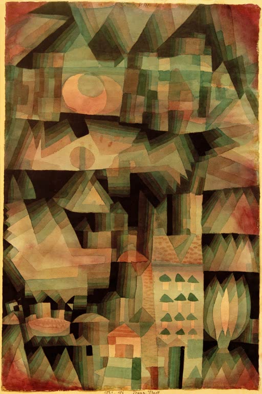 Traumhafte Stadt aus grünlichen und rosa Aquarellflächen mit Häusern und Mond – Paul Klee Traum-Stadt Kunstkopie