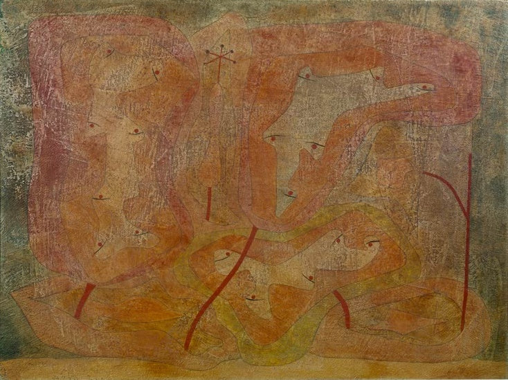 Verschlungene rötliche Gestalten mit kleinen roten Augen auf grünlichem Grund – Paul Klee Über-Pflanzliches Kunstkopie
