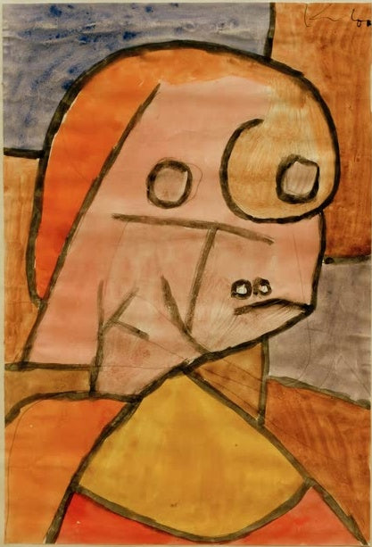 Großer Kopf mit Wulst und kleinen Augen in Orange, Rosa, Gelb und Blau – Paul Klee Und dann? Kunstkopie