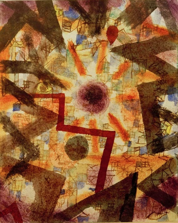 Paul Klee Und es ward Licht Kunstkopie, Sonne mit orangefarbenen Strahlen zwischen dunklen Keilen und rotem Zickzackband