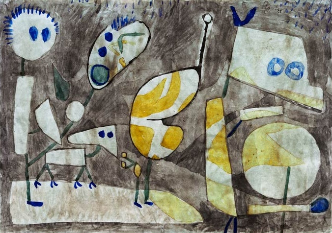 Fantasiewesen mit blauen Augen auf braun getöntem Grund – Paul Klee Ungeheuer in Bereitschaft Kunstkopie